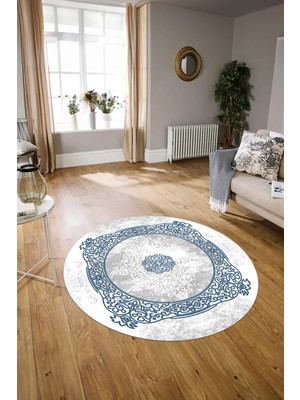 Napoli Home Dijital Baskılı Kaymaz Yıkanabilir Klasik Yuvarlak Mutfak Salon Halısı, N-Y-Klasik-20-Mavi,
