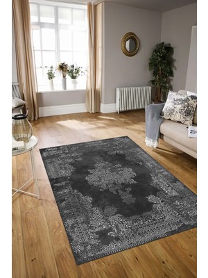 Napoli Home Dijital Baskılı Kaymaz Taban Yıkanabilir Klasik Yolluk Mutfak Salon Halısı, N-Klasik-22-Antrasit,