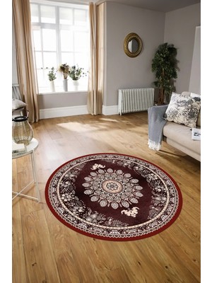 Napoli Home Dijital Baskılı Kaymaz Yıkanabilir Klasik Yuvarlak Mutfak Salon Halısı, N-Y-Klasik-13-Bordo,