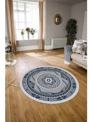 Napoli Home Dijital Baskılı Kaymaz Yıkanabilir Klasik Yuvarlak Mutfak Salon Halısı, N-Y-Klasik-17-Lacivert,