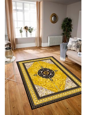 Napoli Home Dijital Baskılı Kaymaz Taban Yıkanabilir Klasik Yolluk Mutfak Salon Halısı, N-Klasik-26-Sarı,