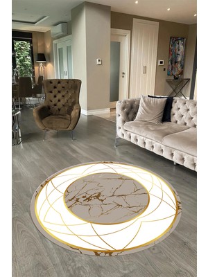Napoli Home Dijital Baskılı Kaymaz Yıkanabilir Mermer Yuvarlak Mutfak Salon Halısı, N-Y-Mermer-17-Gold,