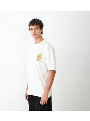 Tarz Yeri Bisiklet Yaka Baskılı Oversize T-Shirt - Beyaz -