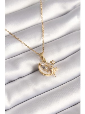 Shopzum 316L Çelik Gold Renk Zincir Zirkon Taşlı Ay Melek Model Kadın Kolye