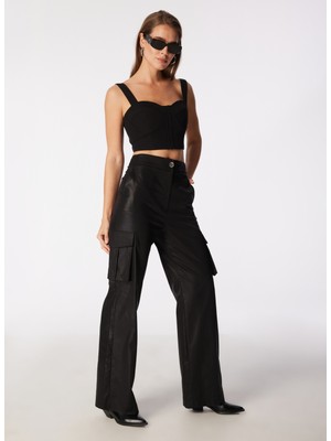 People By Fabrika Yüksek Bel Bol Kesim Siyah Kadın Pantolon SPBF4SL-PNT5046