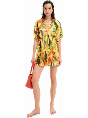 Desigual V Yaka Desenli Sarı Kısa Kadın Elbise 24SWMW23