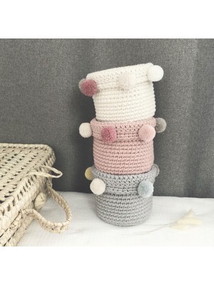 Premium Market Beyaz Bebek/çocuk Odası Düzenleyici Çok Amaçlı Dekoratif Sepet/ Ponponlu Sepet Toka Kutusu 20X15 20