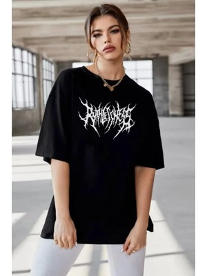 Alinn Butikk Unisex Bisiklet Yaka Baskılı Oversize T-Shirt - Siyah