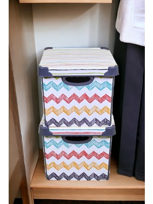 Qutu 2 Parça Style Box Colored Zigzag Plastik Dekoratif Kutu Seti - 2x 20 Litre Plastik