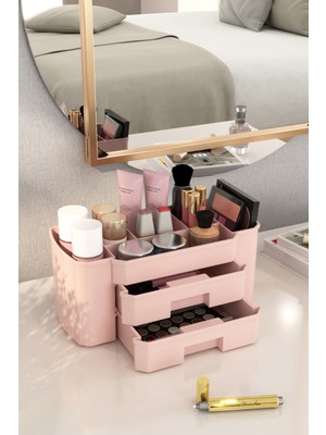 Dovi Home 12,5 Kozmetik Makyaj Takı Düzenleme Kutusu Organizer 3'lü Set 6+ Pembe 30 x 20 Plastik Makyaj