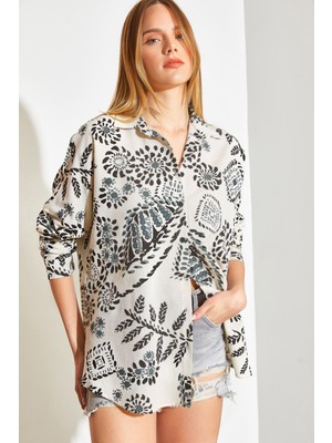 Shade Büyük Yaprak Desenli Salas Keten Gömlek