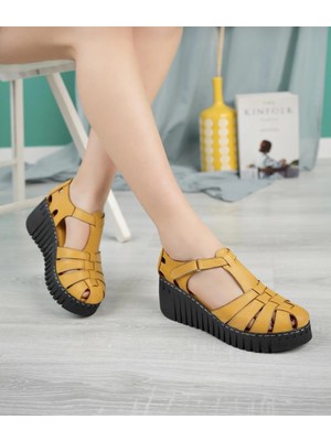 Elf Shoes Bags Hakiki Deri Dolgu Topuk Kadın Günlük Sandalet