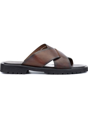 Sandals Factory Erkek Hakiki Deri Kahverengi Düz Terlik 741 M7280 Erk Trlk Y24 Brown