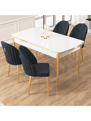 Canisa Edaf Serisi 80X132 Açılabilir Beyaz Mutfak Masa Takımı 4 Sandalye Gold Detay