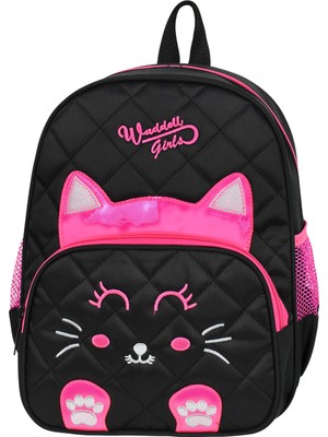 Waddell Lisanslı Kapitone Kedi Anaokul Çantası Siyah - Pembe 0 - 12 Yaş İçin İki Bölmeli