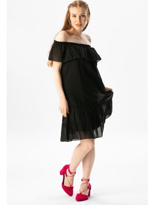 Eliş Şile Bezi Kısa Kol Vual Lavinya Kayık Yaka Kısa Yazlık Elbise Siyah Syh