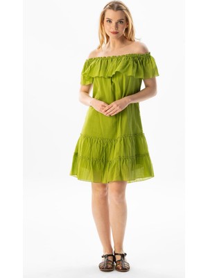 Eliş Şile Bezi Kısa Kol Vual Lavinya Kayık Yaka Kısa Yazlık Elbise Fıstık Yeşili Fysl