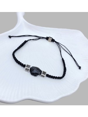 Eru Jewellery Işlenmemiş Doğal Taşlı   Obsidyen Örme Gümüş Küplü Bileklik (Silver) - Anneler Günü Hediyesi