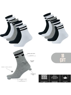 Kral Socks Kadın - Erkek Düz Çizgili Tenis Model (10 Çift) Pamuklu Terletmez Çorap Seti