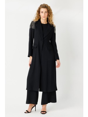 Esswaap Içi Tulumlu Uzun Ceketli Omzu Taş Detaylı Takım  Siyah