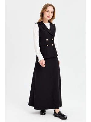 Esswaap Denizci Düğmeli Bluz Yelek Etek Takım  Siyah