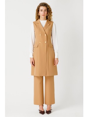 Esswaap Uzun Yelekli Bluz Pantolon Takım  Camel