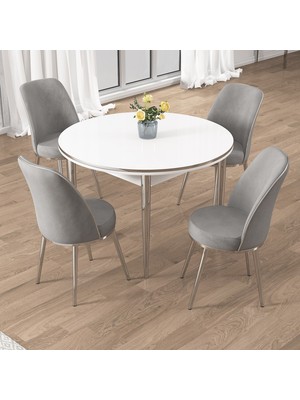 Canisa Osle Serisi 90x90 Sabit Beyaz Mutfak Masa Takımı 4 Sandalye Krom Detay