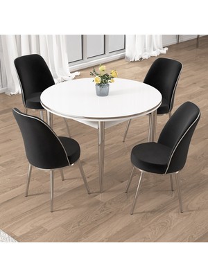 Canisa Osle Serisi 90x90 Sabit Beyaz Mutfak Masa Takımı 4 Sandalye Krom Detay