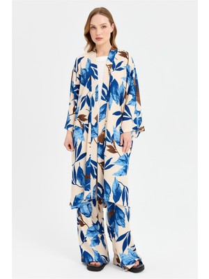 Esswaap Sarmaşık Desen Baskılı Kimono Takım  Mavi