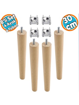 Nzb Ahşap Mobilya Koltuk Kanepe Sehpa Masa Ayağı Ayakları M8 Civatalı 30 cm + Bağlantı Aparatlı 8'li Set