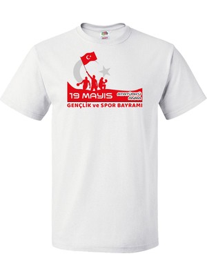 Hediye Panayırı 19 Mayıs Atatürk'ü Anma Gençlik ve Spor Bayramı Baskılı Beyaz Erkek Tişört Model 1