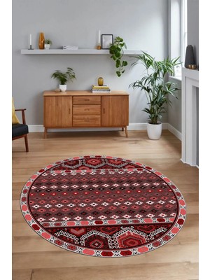 Napoli Home Dijital Baskılı Kaymaz Yıkanabilir Etnik Desen Yuvarlak Mutfak Salon Halısı, N-Y-Etnik-13-Kırmızı,