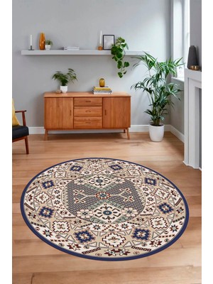 Napoli Home Dijital Baskılı Kaymaz Yıkanabilir Etnik Desen Yuvarlak Mutfak Salon Halısı, N-Y-Etnik-08-Lacevert,