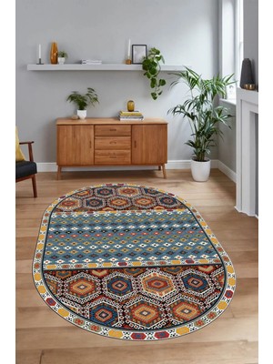 Napoli Home Dijital Baskılı Kaymaz Yıkanabilir Etnik Oval Yolluk Mutfak Salon Halısı, N-O-Etnik-13-Renkli,
