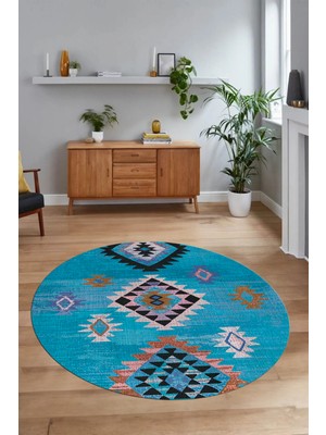Napoli Home Dijital Baskılı Kaymaz Yıkanabilir Etnik Desen Yuvarlak Mutfak Salon Halısı, N-Y-Etnik-01-Mavi,