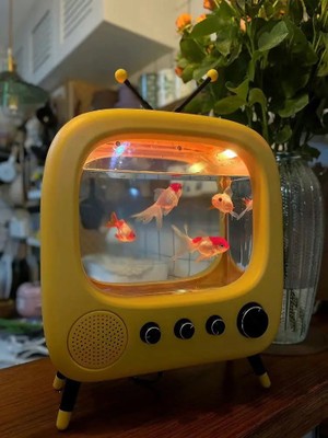 Techtic Tv Şekilli Işıklı Mini Akvaryum Beta Balık Tankı LED Aydınlatma Vintage