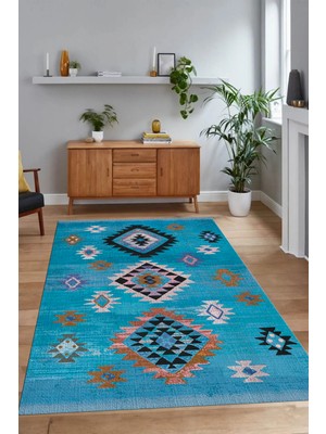 Napoli Home Dijital Baskılı Kaymaz Taban Yıkanabilir Etnik Yolluk Mutfak Salon Halısı, N-Etnik-01-Mavi,