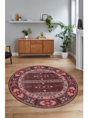 Napoli Home Dijital Baskılı Kaymaz Yıkanabilir Etnik Desen Yuvarlak Mutfak Salon Halısı, N-Y-Etnik-11-Pembe,
