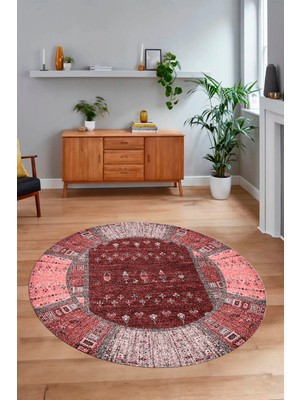 Napoli Home Dijital Baskılı Kaymaz Yıkanabilir Etnik Desen Yuvarlak Mutfak Salon Halısı, N-Y-Etnik-16-Bordo,