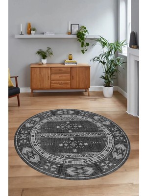 Napoli Home Dijital Baskılı Kaymaz Yıkanabilir Etnik Desen Yuvarlak Mutfak Salon Halısı, N-Y-Etnik-11-Gri,