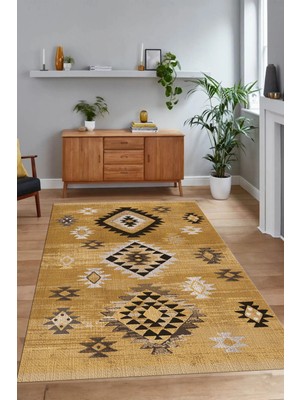 Napoli Home Dijital Baskılı Kaymaz Taban Yıkanabilir Etnik Yolluk Mutfak Salon Halısı, N-Etnik-01-Kahve,