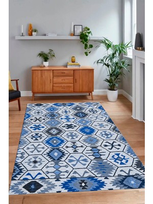 Napoli Home Dijital Baskılı Kaymaz Taban Yıkanabilir Etnik Yolluk Mutfak Salon Halısı, N-Etnik-12-Mavi,
