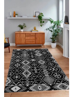 Napoli Home Dijital Baskılı Kaymaz Taban Yıkanabilir Etnik Yolluk Mutfak Salon Halısı, N-Etnik-12-Antrasit,