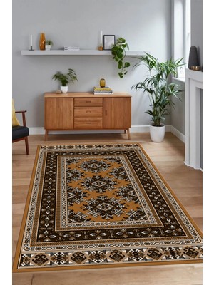 Napoli Home Dijital Baskılı Kaymaz Taban Yıkanabilir Etnik Yolluk Mutfak Salon Halısı, N-Etnik-04-Kahve,