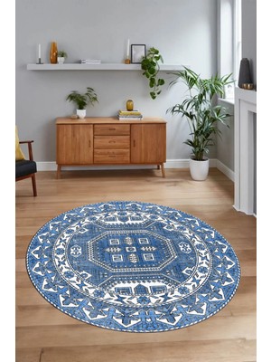 Napoli Home Dijital Baskılı Kaymaz Yıkanabilir Etnik Desen Yuvarlak Mutfak Salon Halısı, N-Y-Etnik-14-Mavi,