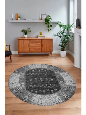 Napoli Home Dijital Baskılı Kaymaz Yıkanabilir Etnik Desen Yuvarlak Mutfak Salon Halısı, N-Y-Etnik-16-Gri,