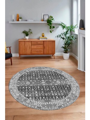 Napoli Home Dijital Baskılı Kaymaz Yıkanabilir Etnik Desen Yuvarlak Mutfak Salon Halısı, N-Y-Etnik-17-Gri,
