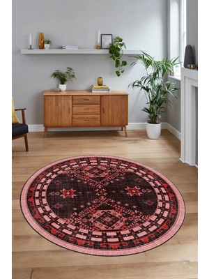 Napoli Home Dijital Baskılı Kaymaz Yıkanabilir Etnik Desen Yuvarlak Mutfak Salon Halısı, N-Y-Etnik-03-Pembe,