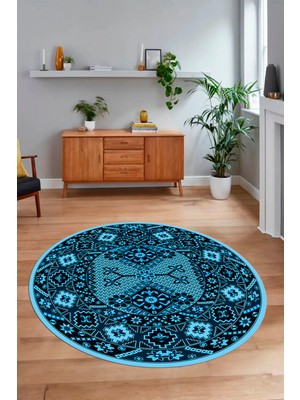 Napoli Home Dijital Baskılı Kaymaz Yıkanabilir Etnik Desen Yuvarlak Mutfak Salon Halısı, N-Y-Etnik-08-Mavi,