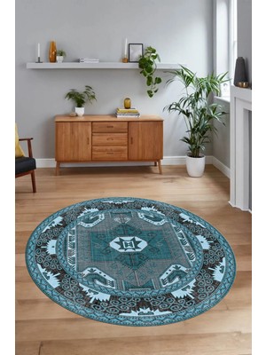 Napoli Home Dijital Baskılı Kaymaz Yıkanabilir Etnik Desen Yuvarlak Mutfak Salon Halısı, N-Y-Etnik-10-Mavi,